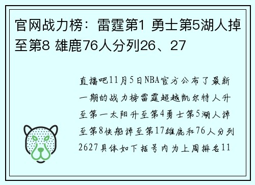 官网战力榜：雷霆第1 勇士第5湖人掉至第8 雄鹿76人分列26、27