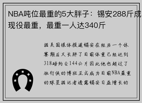 NBA吨位最重的5大胖子：锡安288斤成现役最重，最重一人达340斤